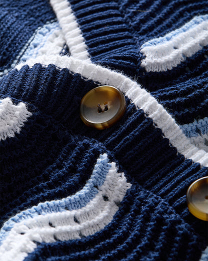 Veronica Beard | Ansonia Chevron Cardigan in Navy & White Navy/Off-White/Bluebell