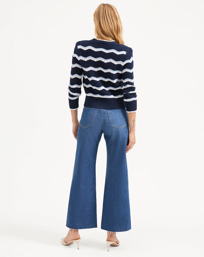 Veronica Beard | Ansonia Chevron Cardigan in Navy & White Navy/Off-White/Bluebell