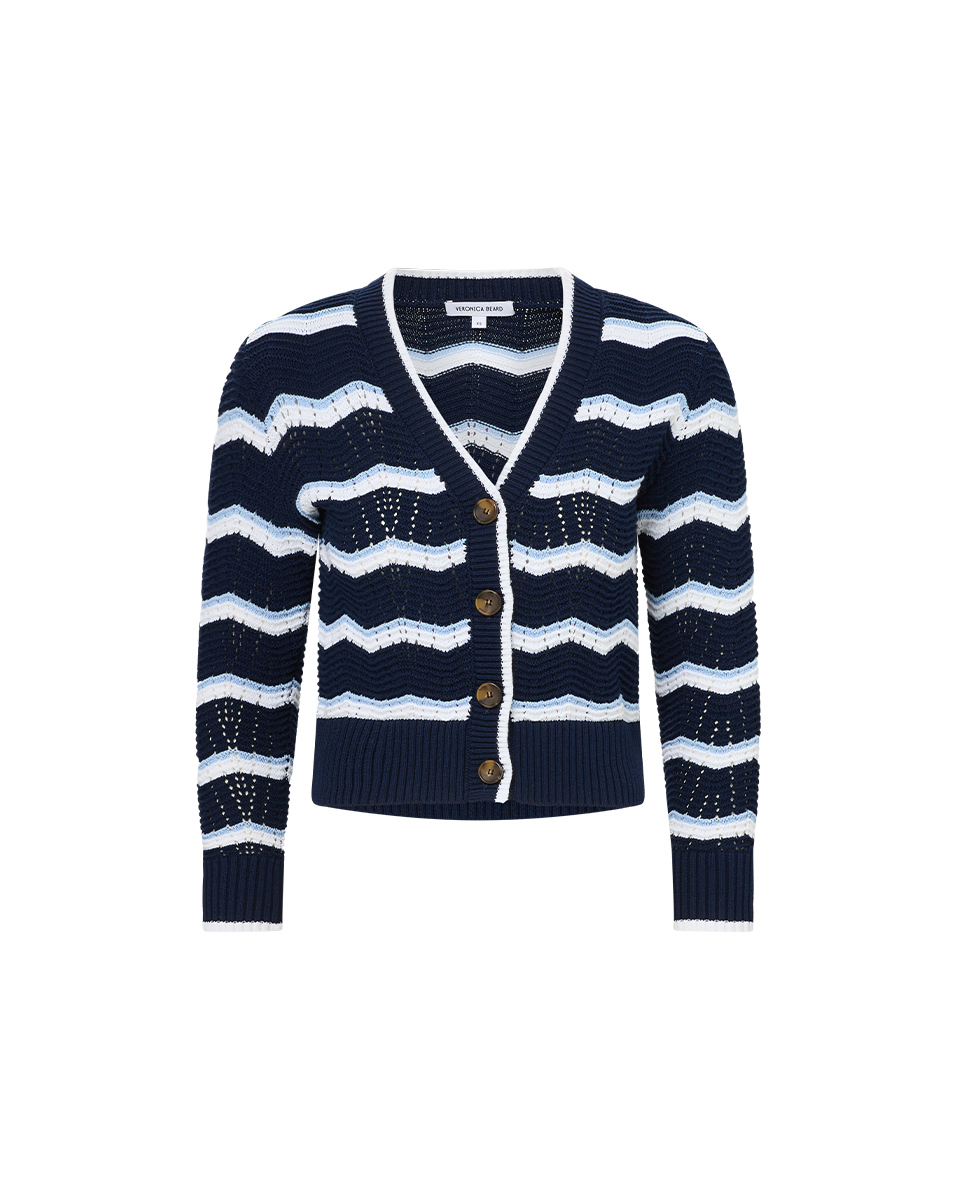 Veronica Beard | Ansonia Chevron Cardigan in Navy & White Navy/Off-White/Bluebell