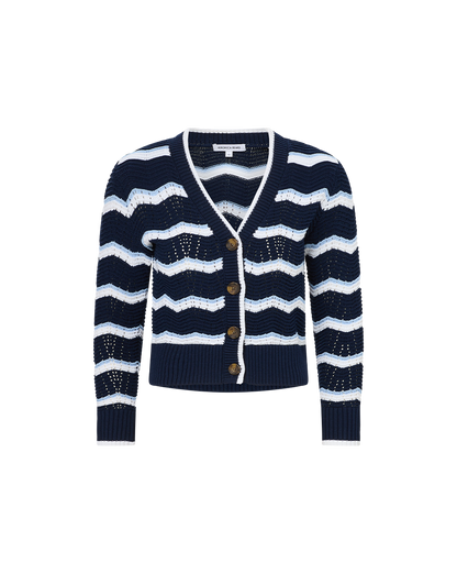 Veronica Beard | Ansonia Chevron Cardigan in Navy & White Navy/Off-White/Bluebell