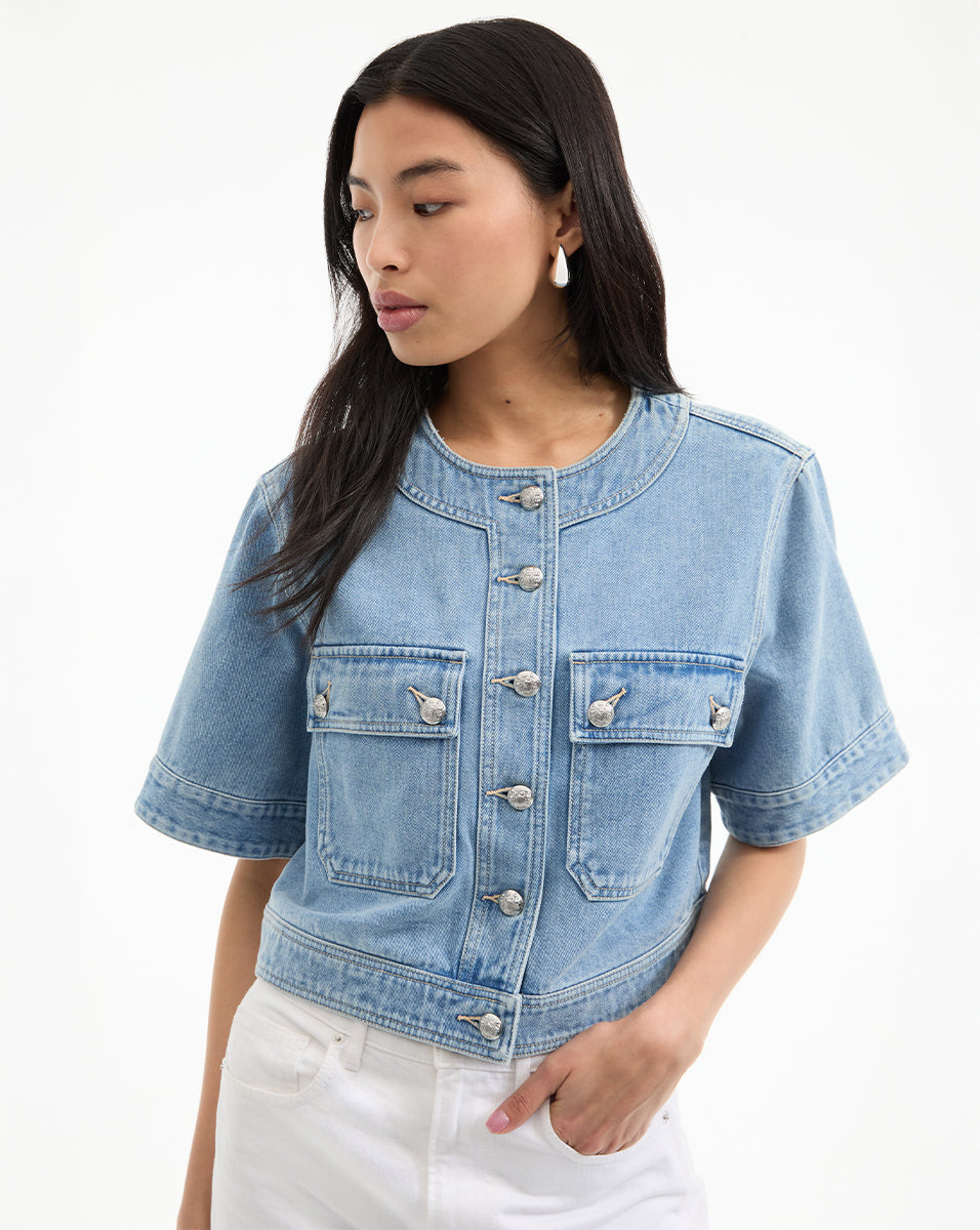 Veronica Beard | Elias Short Sleeve Denim Jacket in Light Wash Denim Silverwood Blue