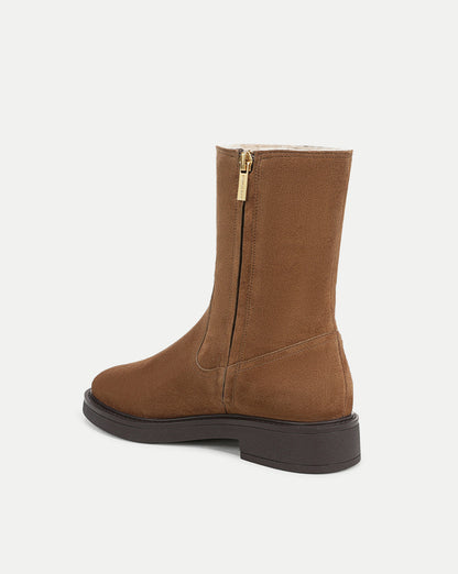 Veronica Beard | Creswell Shearling Mid-Calf Boot in Tan Suede Hazelwood