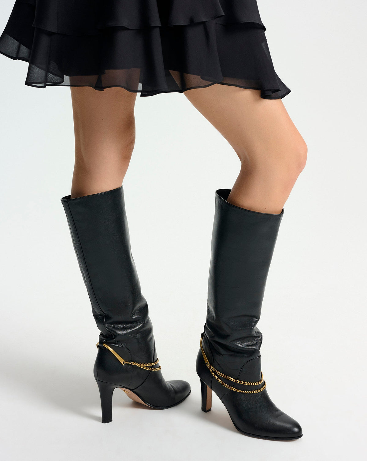 Veronica Beard | Tarian Tall Chain Boot in Black Leather Black