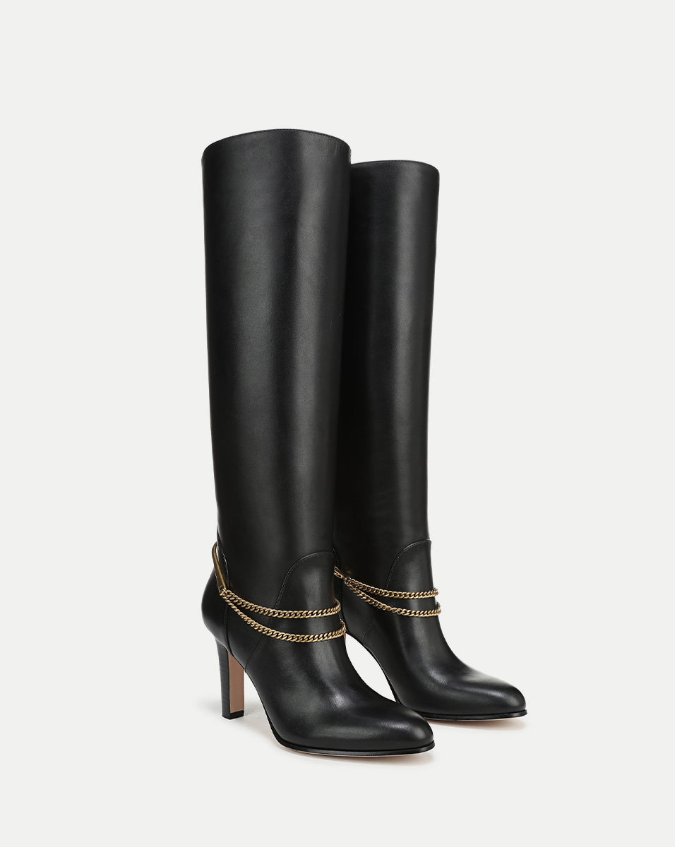 Veronica Beard | Tarian Tall Chain Boot in Black Leather Black