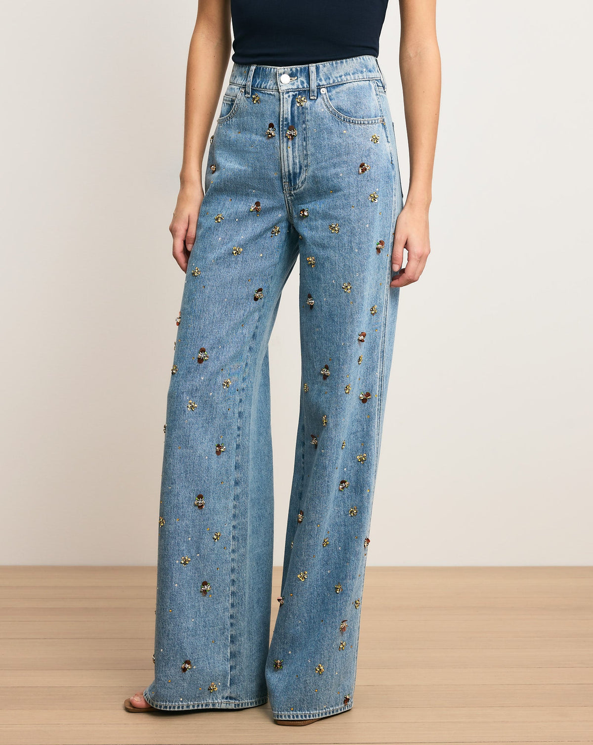 Veronica Beard | Kasey Embellished Wide-Leg Jean in Light Wash Denim Silver Dust Silver Dust