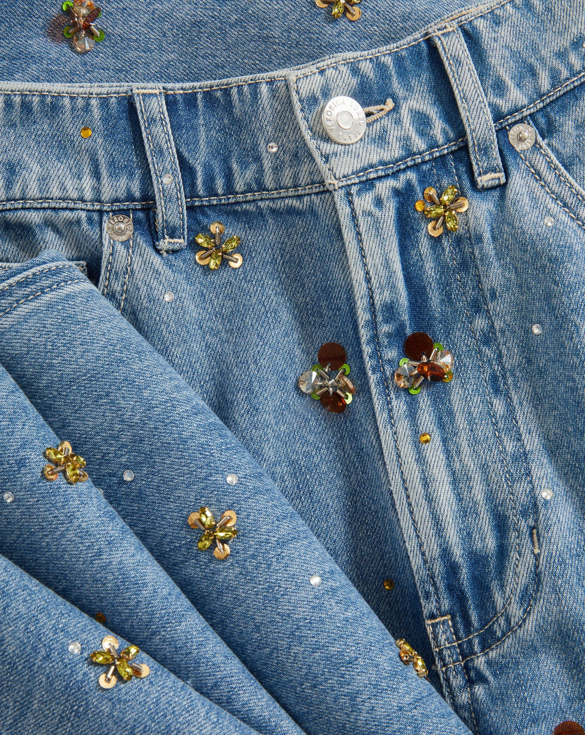 Veronica Beard | Kasey Embellished Wide-Leg Jean in Light Wash Denim Silver Dust Silver Dust