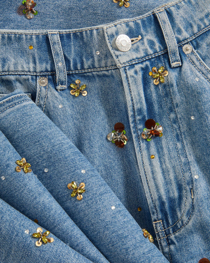 Veronica Beard | Kasey Embellished Wide-Leg Jean in Light Wash Denim Silver Dust Silver Dust