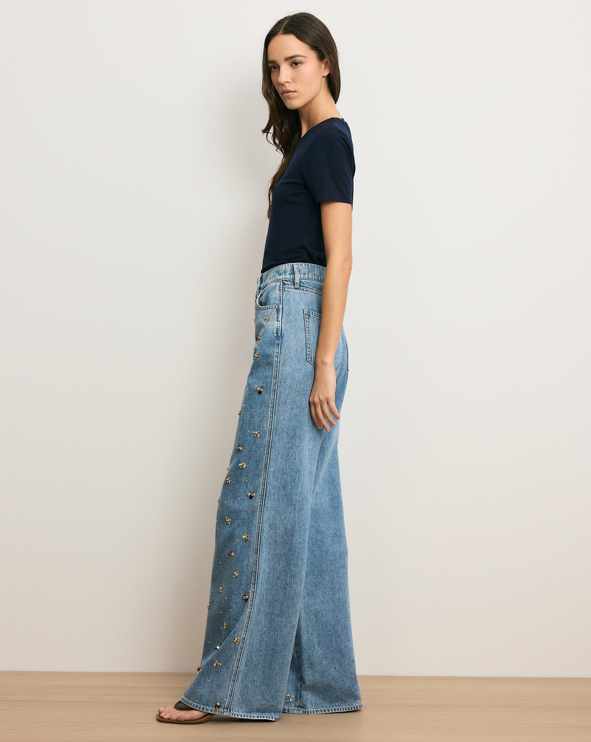 Veronica Beard | Kasey Embellished Wide-Leg Jean in Light Wash Denim Silver Dust Silver Dust