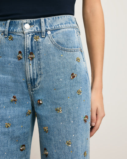 Veronica Beard | Kasey Embellished Wide-Leg Jean in Light Wash Denim Silver Dust Silver Dust