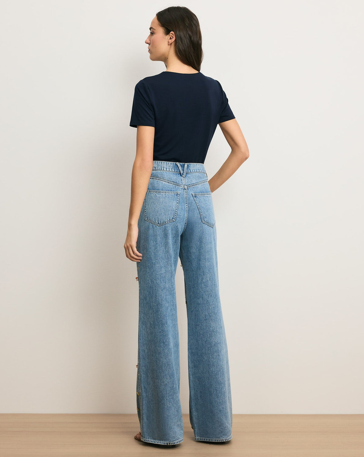 Veronica Beard | Kasey Embellished Wide-Leg Jean in Light Wash Denim Silver Dust Silver Dust