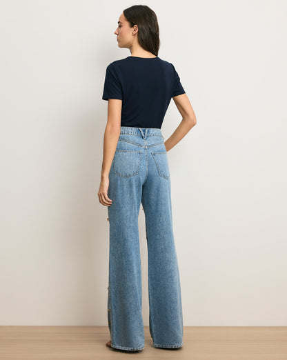 Veronica Beard | Kasey Embellished Wide-Leg Jean in Light Wash Denim Silver Dust Silver Dust