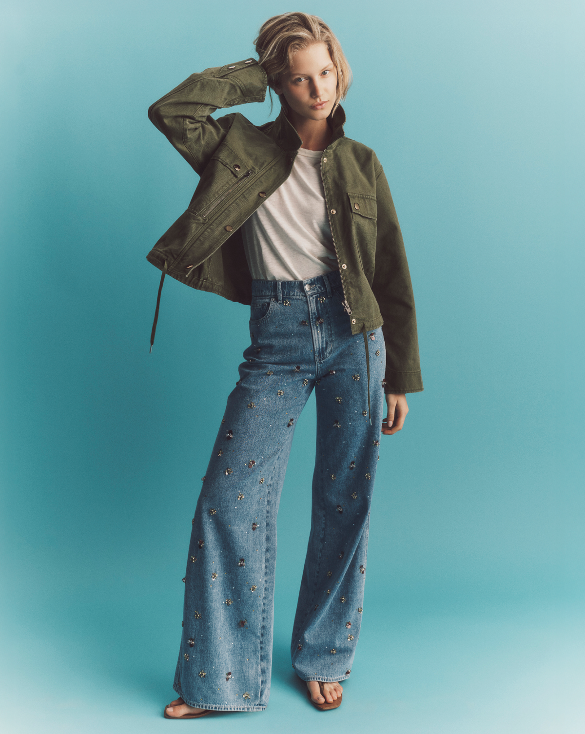 Veronica Beard | Kasey Embellished Wide-Leg Jean in Light Wash Denim Silver Dust Silver Dust
