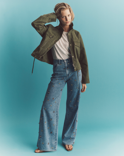 Veronica Beard | Kasey Embellished Wide-Leg Jean in Light Wash Denim Silver Dust Silver Dust