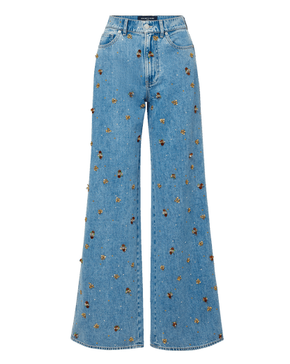 Veronica Beard | Kasey Embellished Wide-Leg Jean in Light Wash Denim Silver Dust Silver Dust