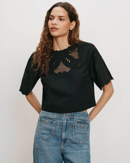 Veronica Beard | Errol Embroidered Top in Black Black