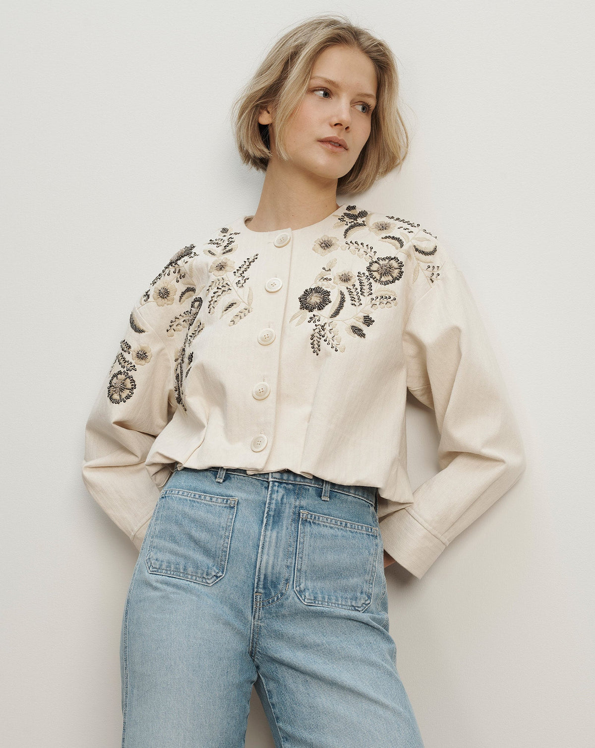 Veronica Beard | Emeren Embroidered Jacket in Ecru Ecru