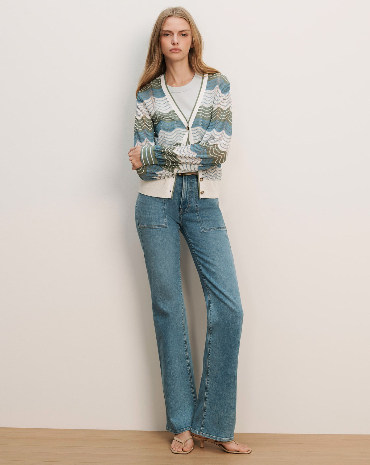Veronica Beard | Laurinor Linen-Blend Cardigan in Dove White/Sage/Blue River Dove White/Sage/Blue River