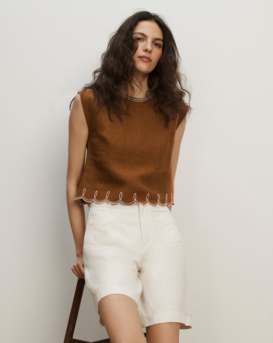 Veronica Beard | Kessan Linen Top in Light Brown Deep Ochre