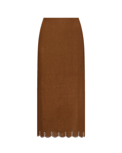 Veronica Beard | Malou Linen Maxi Skirt in Light Brown Deep Ochre