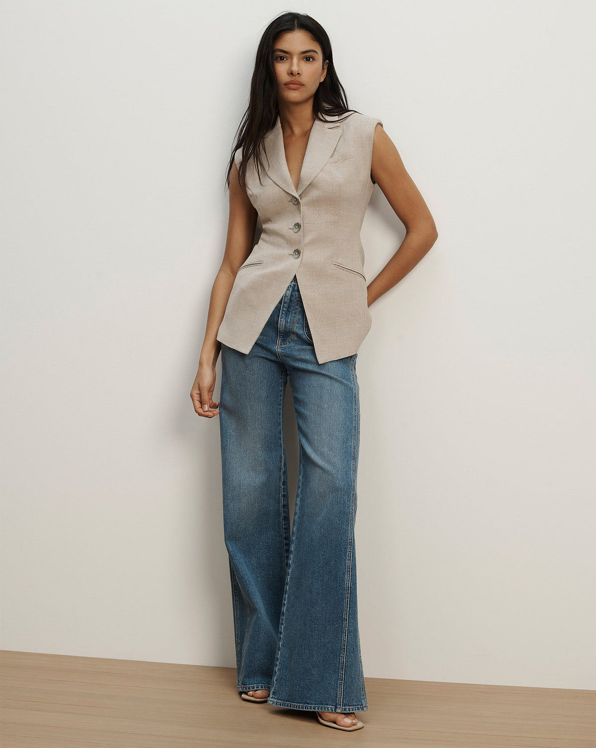 Veronica Beard | Sorenne Plaid Vest in Beige Dark Acorn/Dove White