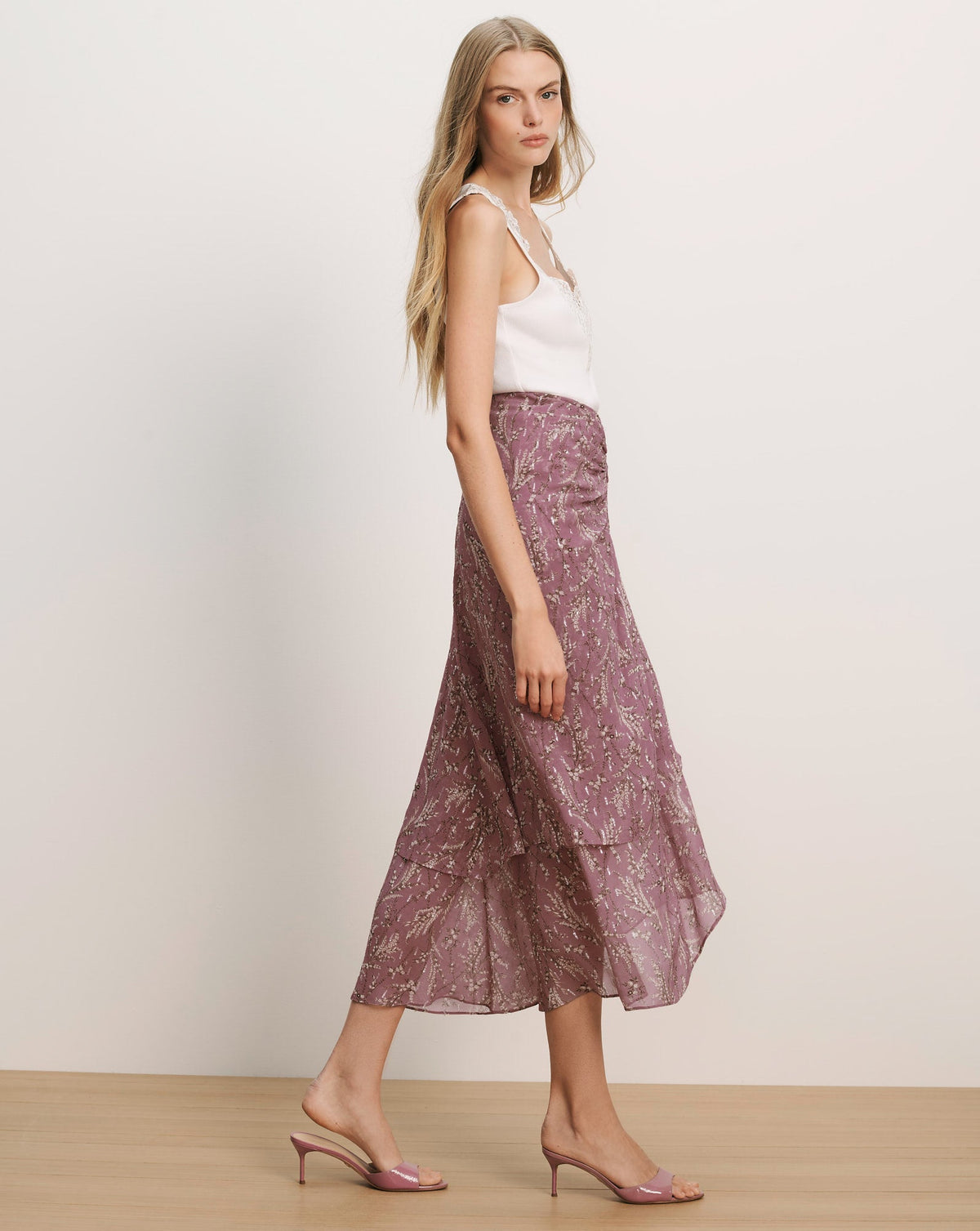 Veronica Beard | Sira Floral Midi Skirt in Light Purple Orchid Haze Multi