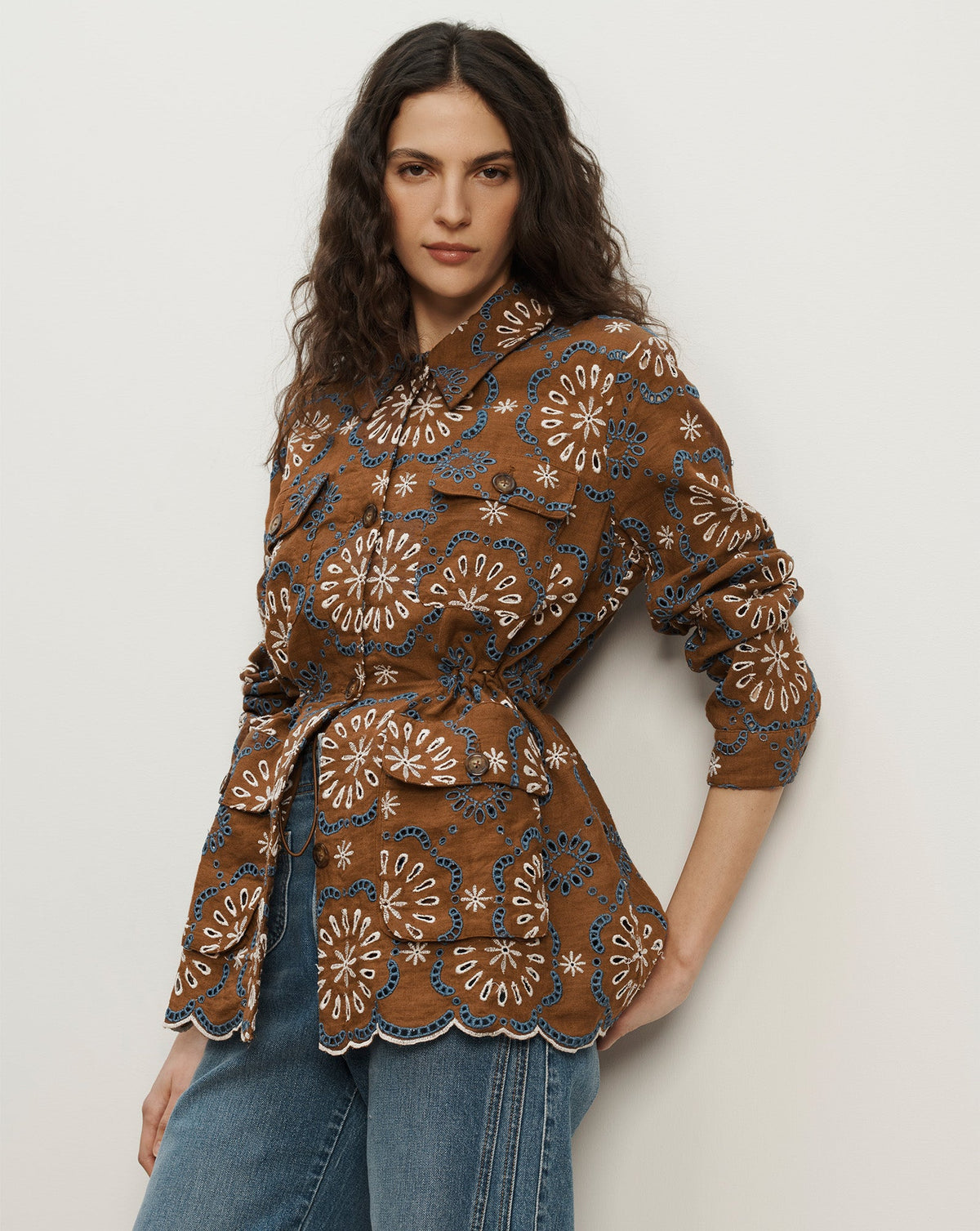 Veronica Beard | Kiki Embroidered Linen Eyelet Jacket in Brown Deep Ochre Multi