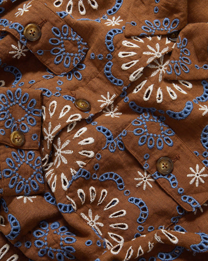 Veronica Beard | Kiki Embroidered Linen Eyelet Jacket in Brown Deep Ochre Multi