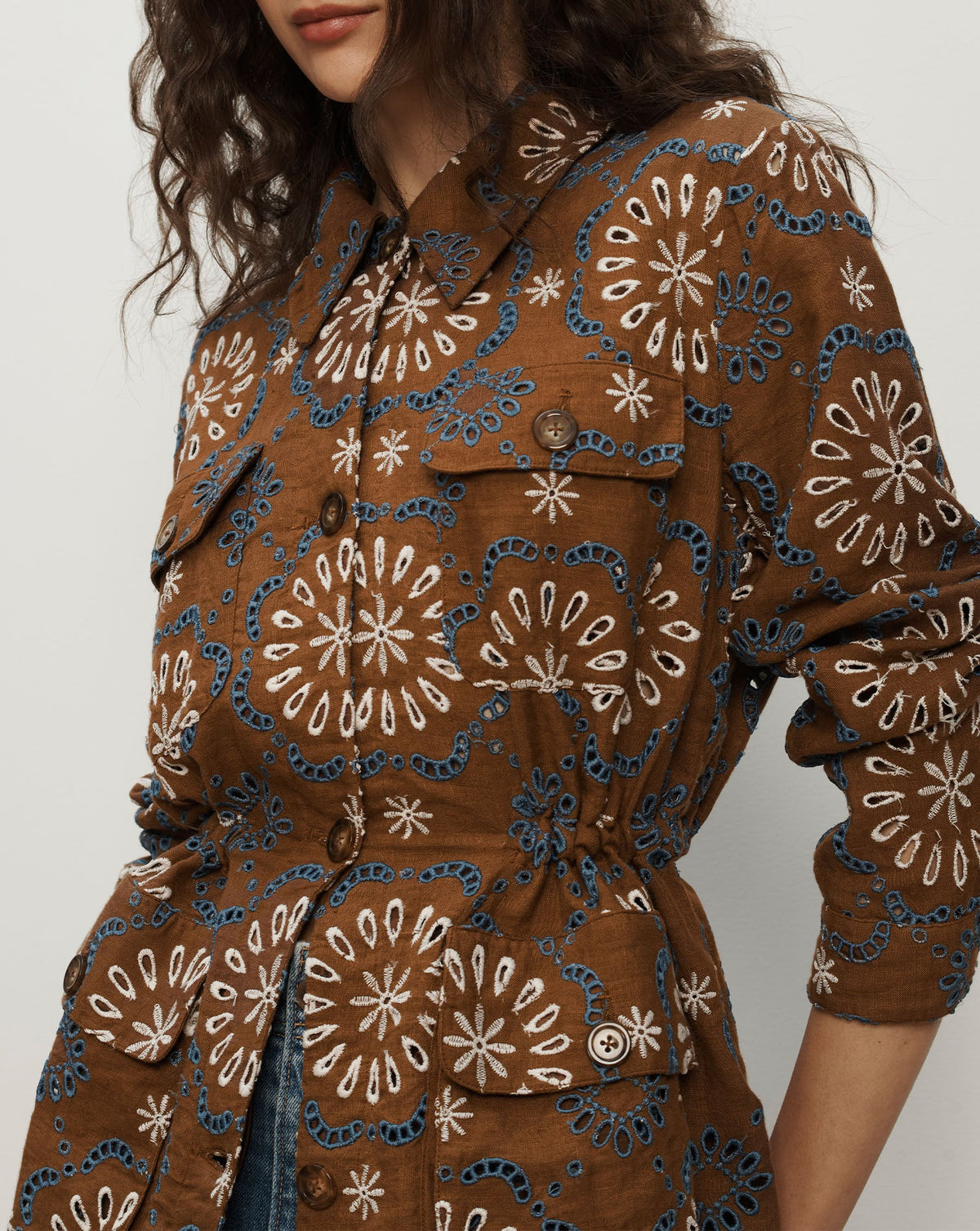 Veronica Beard | Kiki Embroidered Linen Eyelet Jacket in Brown Deep Ochre Multi