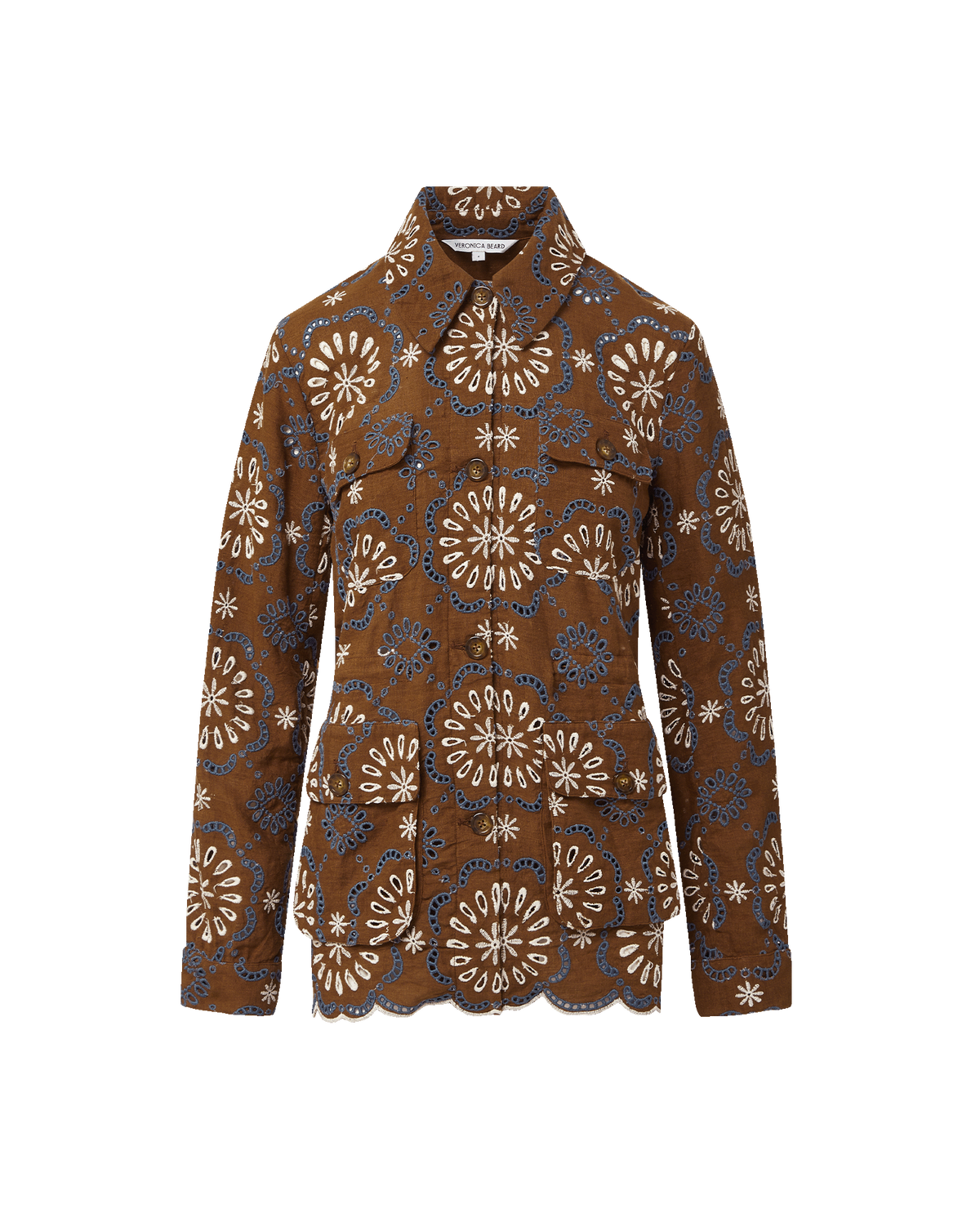 Veronica Beard | Kiki Embroidered Linen Eyelet Jacket in Brown Deep Ochre Multi