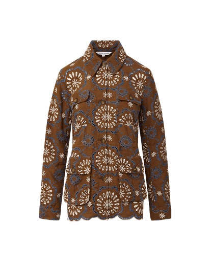 Veronica Beard | Kiki Embroidered Linen Eyelet Jacket in Brown Deep Ochre Multi
