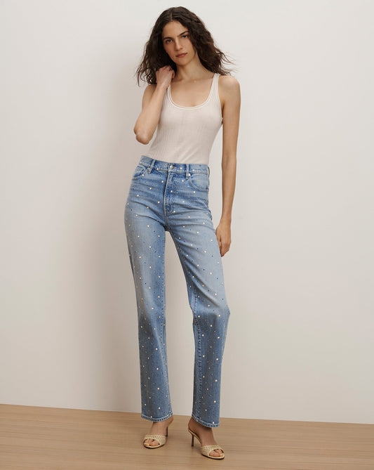 Veronica Beard | Dylan Embellished Straight-Leg Jean in Medium Wash Amethyst Frost Amethyst Frost