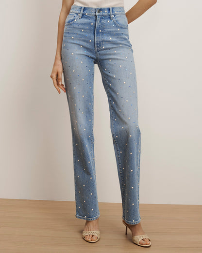 Veronica Beard | Dylan Embellished Straight-Leg Jean in Medium Wash Amethyst Frost Amethyst Frost