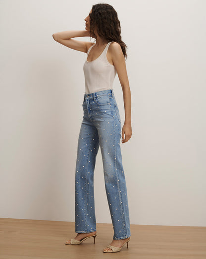 Veronica Beard | Dylan Embellished Straight-Leg Jean in Medium Wash Amethyst Frost Amethyst Frost