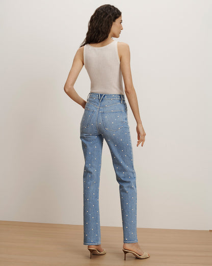 Veronica Beard | Dylan Embellished Straight-Leg Jean in Medium Wash Amethyst Frost Amethyst Frost