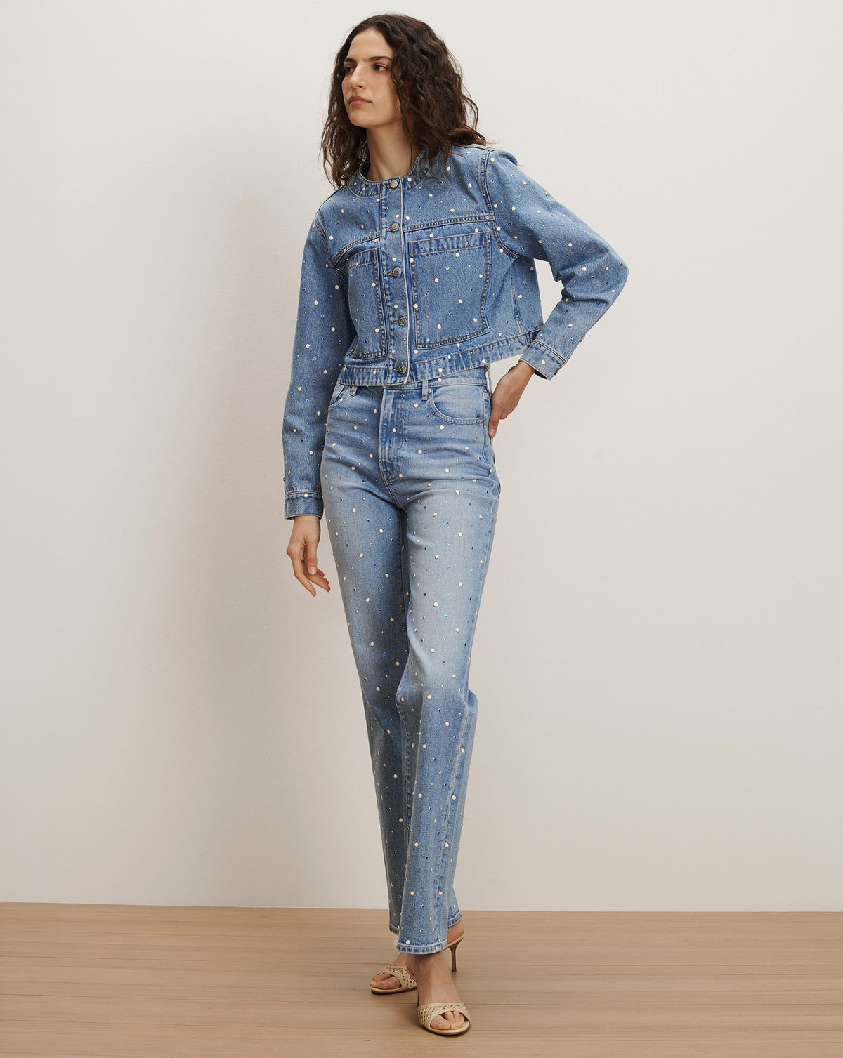 Veronica Beard | Dylan Embellished Straight-Leg Jean in Medium Wash Amethyst Frost Amethyst Frost