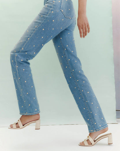 Veronica Beard | Dylan Embellished Straight-Leg Jean in Medium Wash Amethyst Frost Amethyst Frost
