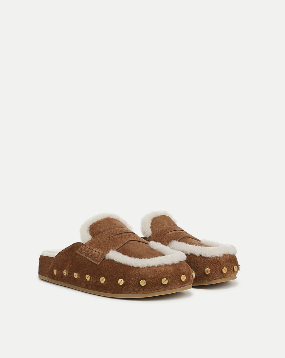 Veronica Beard | Fenix Shearling Mule in Tan Suede Hazelwood