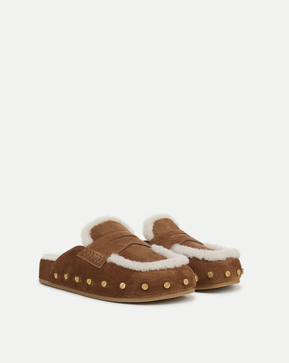 Veronica Beard | Fenix Shearling Mule in Tan Suede Hazelwood