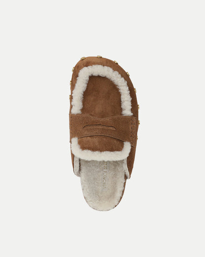 Veronica Beard | Fenix Shearling Mule in Tan Suede Hazelwood