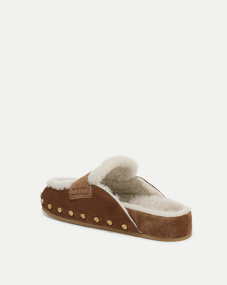 Veronica Beard | Fenix Shearling Mule in Tan Suede Hazelwood