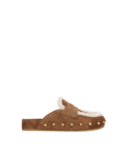Veronica Beard | Fenix Shearling Mule in Tan Suede Hazelwood